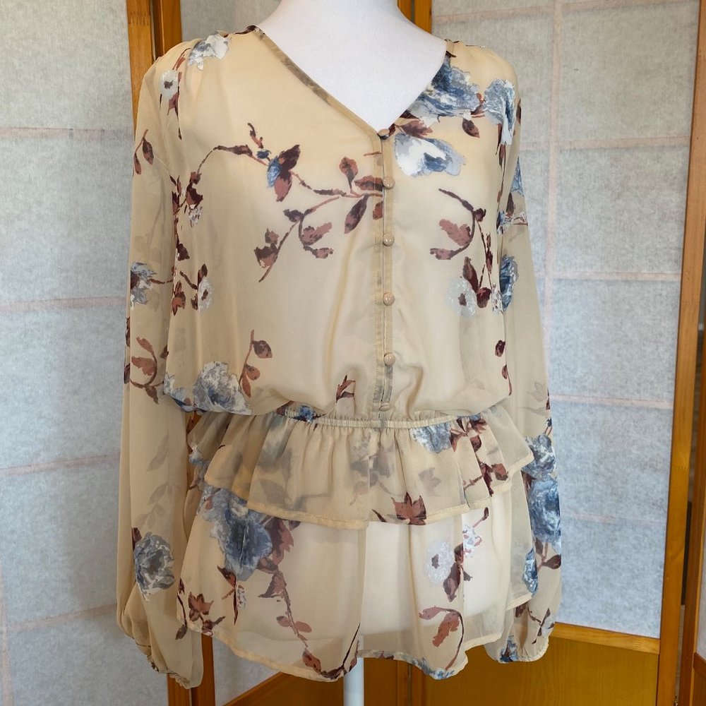 Pleione Floral Drapey Button Front Blouse with Ruffles - Size M